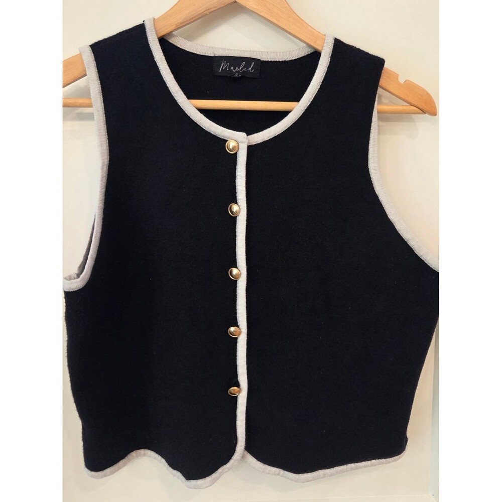 Marled Sweater Vest Cardigan Black White Trim Gold Buttons L Preppy Academia